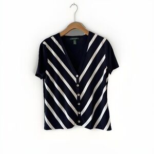 VTG Lauren Ralph Lauren Knit Top L Navy Bias Striped V-neck Nautical Preppy Y2k